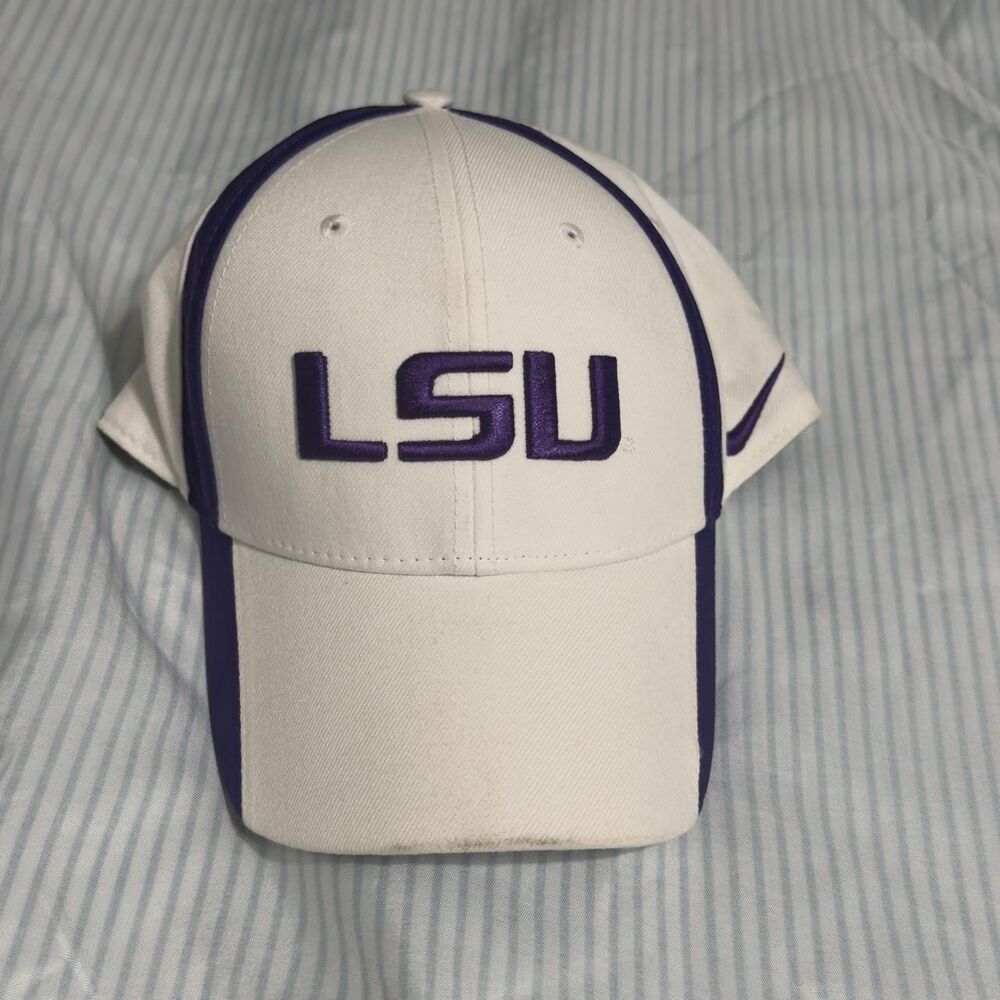 Nike LSU Tigers white cap with purple stripes and purple 'LSU' logo